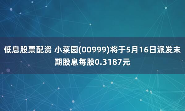 低息股票配资 小菜园(00999)将于5月16日派发末期股息每股0.3187元